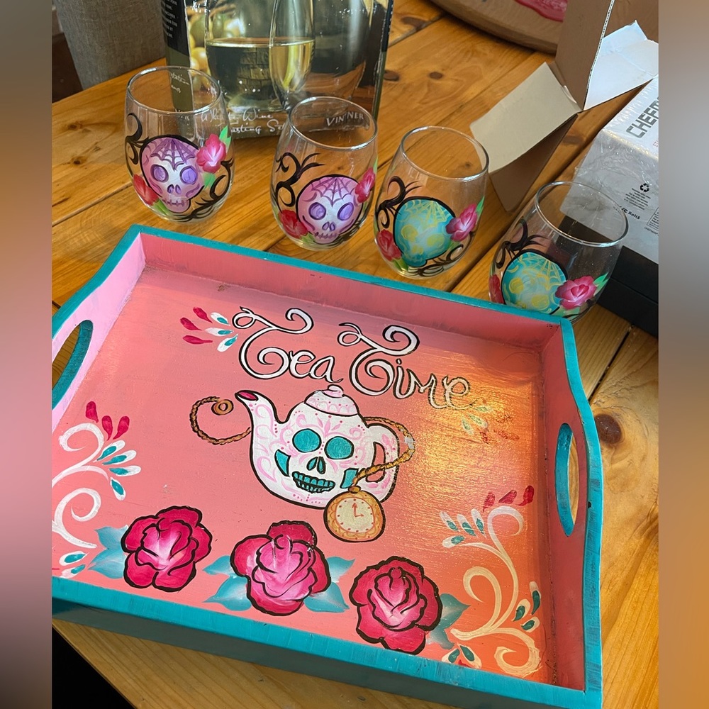 Hand painted sugar skull glassware and tray set